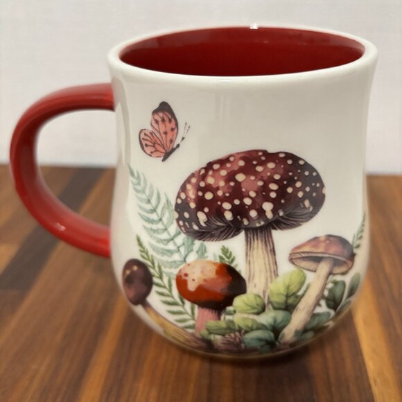 Chelsea Bistro 16oz Mug Mushrooms & Butterflies Red Handle Nature Cottagecore - Picture 3 of 11